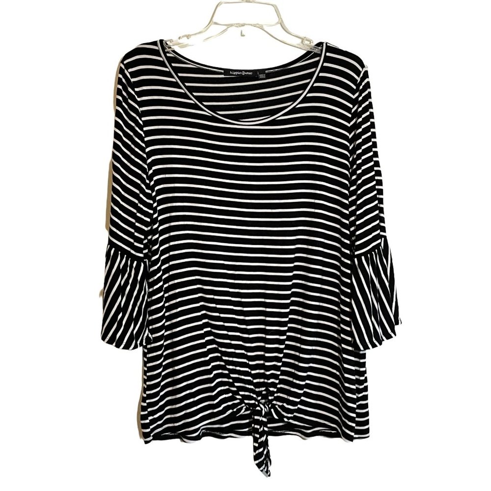 Hippie Chic Short Sleeve Tie Front Flutter Sleeve Black White Stripe Shirt Large